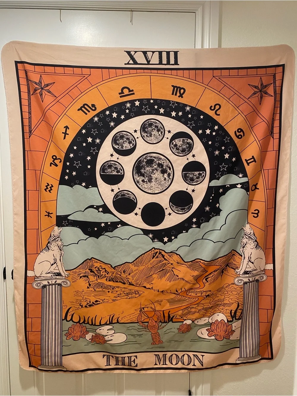 The Moon Tarot Card & Astrology Wheel Tapestry - Orange, Black, Cream